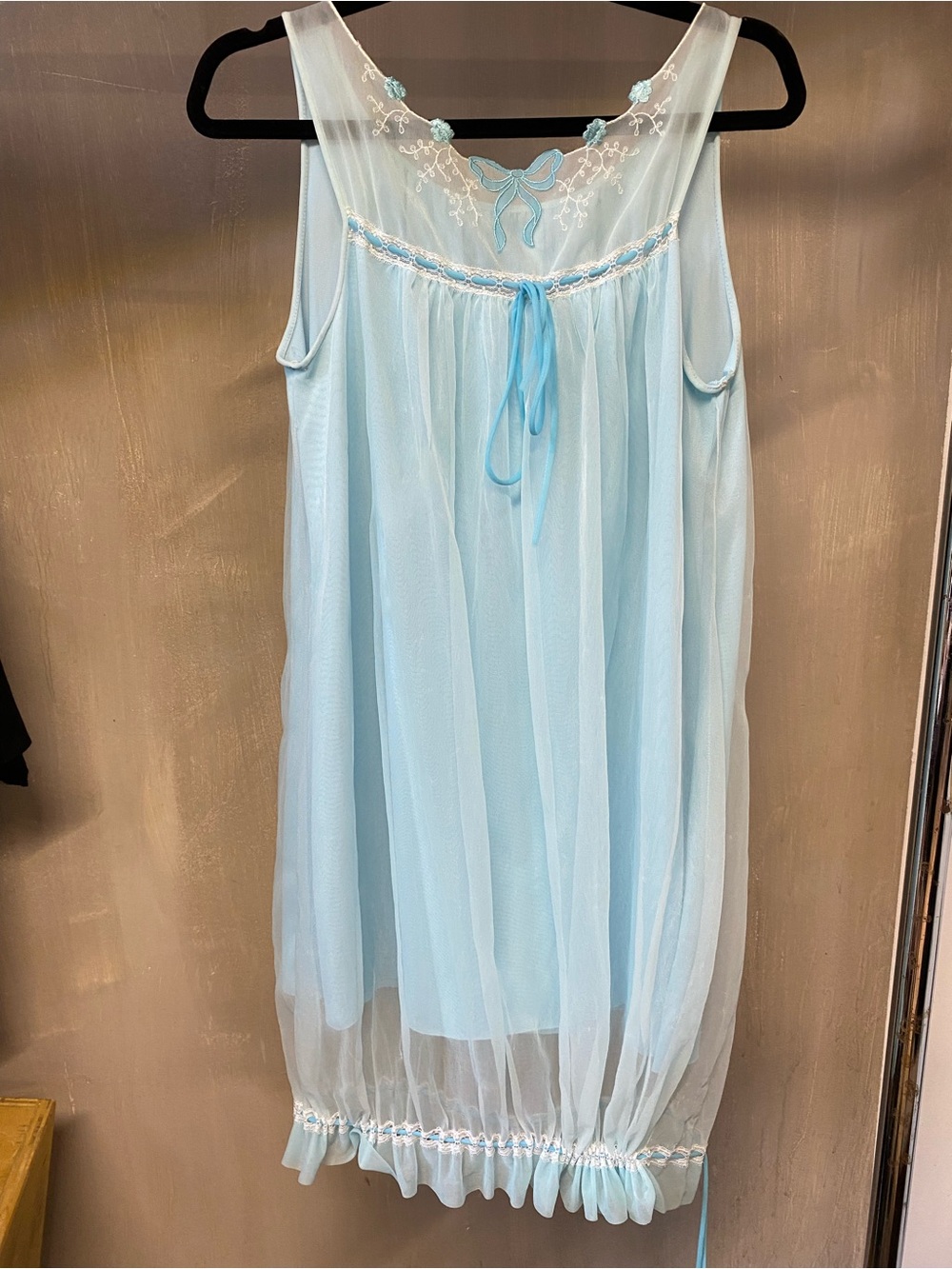 Vintage Light Blue Sheer Nightgown with Embroidered Yoke